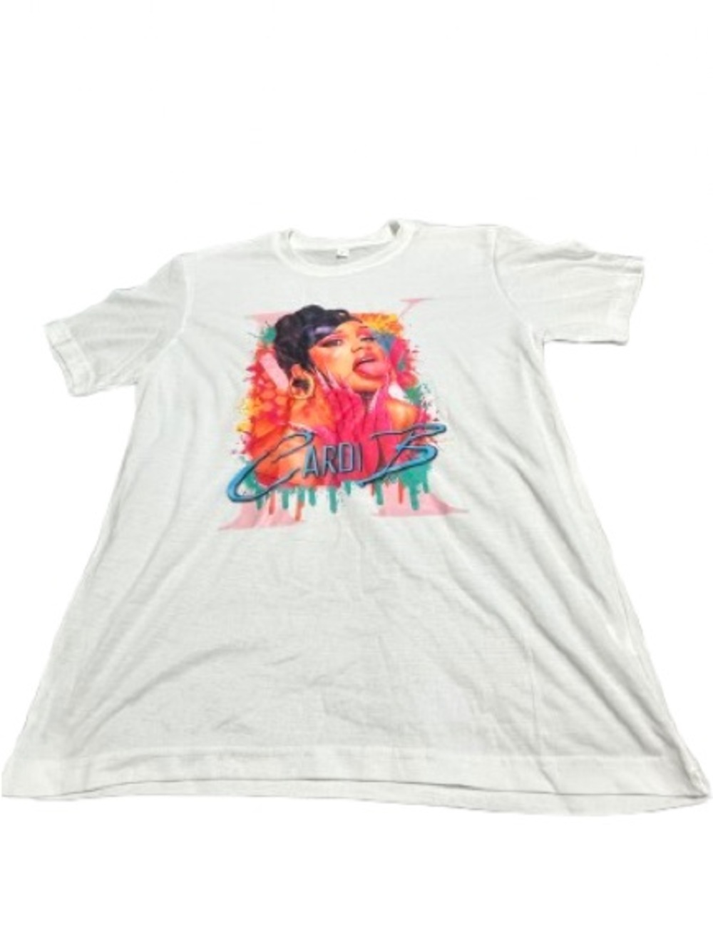 Cardi B Graphic Tee in White with Neon Portrait
